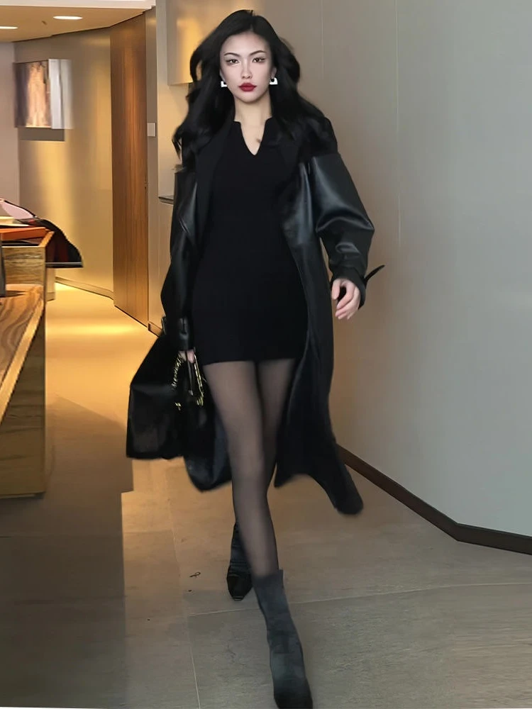 Fashion Patchwork Pu Leather Coat Women Autumn Winter Black Leather Trench Coat Strap Belt Lapel Windbreaker Faux Leather Jacket