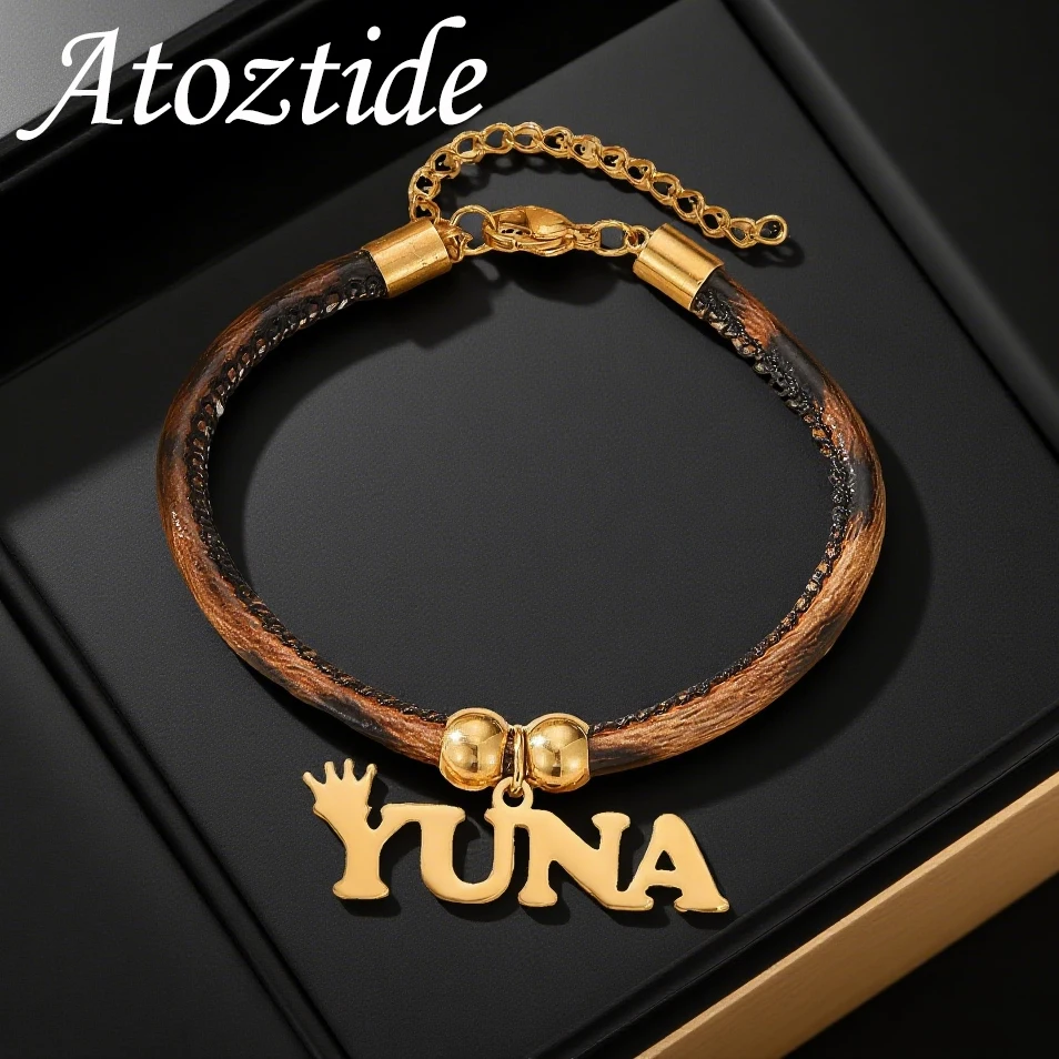 

Atoztide ожерелье с индивидуальным именем для женщин и мужчин, ювелирные изделия из нержавеющей стали, кожаный ремешок с леопардовым принтом, цепочка, индивидуальный подарок на день рождения