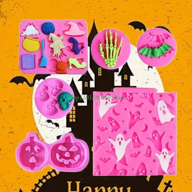 U55D 6Pcs Halloween Cake Fondant Molds, Silicone Chocolate Candy Mold, Holiday Party Decorating Tools Paste Clay Resin Mould