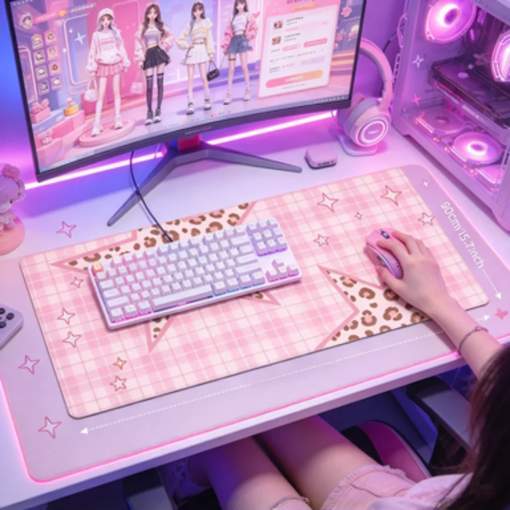 Pink Plaid Leopard Desk Mat, Colorful Graffiti PC Accessory, Pink Skull Mat, Pink Beauty Mouse Pad,Macaron Heart Wave Gaming Mat