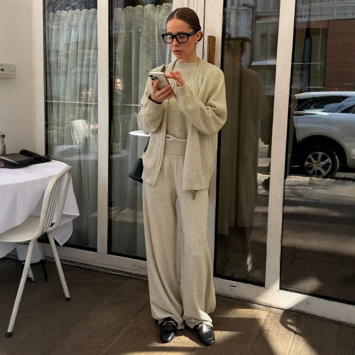 Autumn and Winter Three Piece Round Neck Sleeveless Vest Cardigan and Pants Set Suitable for Daily Wear in