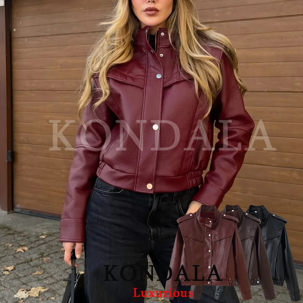 KONDALA High Street Casual Women Leather Jacket Stand Collar Single Breasted Jacket Fashion 2026 Autumn Winter Wind Proof Jacket