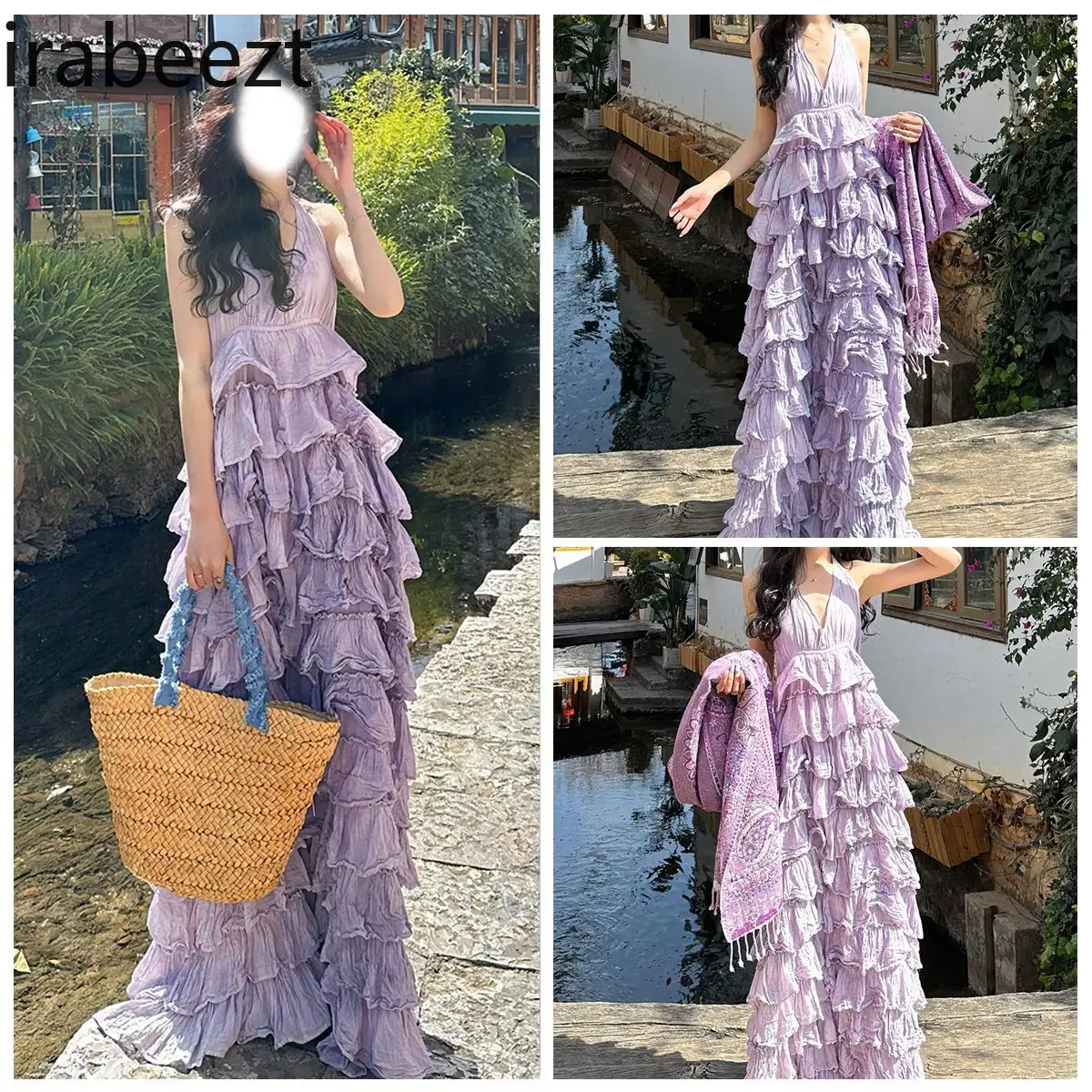 

Purple Holiday Style Cake Shaped Fairy Dress 2025 Summer New Niche Unique Temperament Large Backless Halter Dress