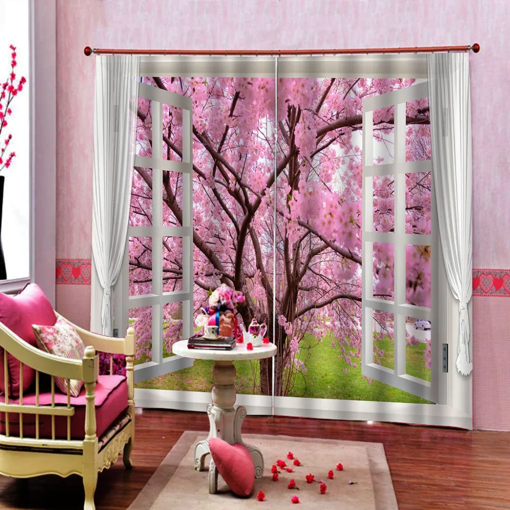 pink tree curtains window curtain Customized size Luxury Blackout 3D Window Curtains For Living Room blackout curtains