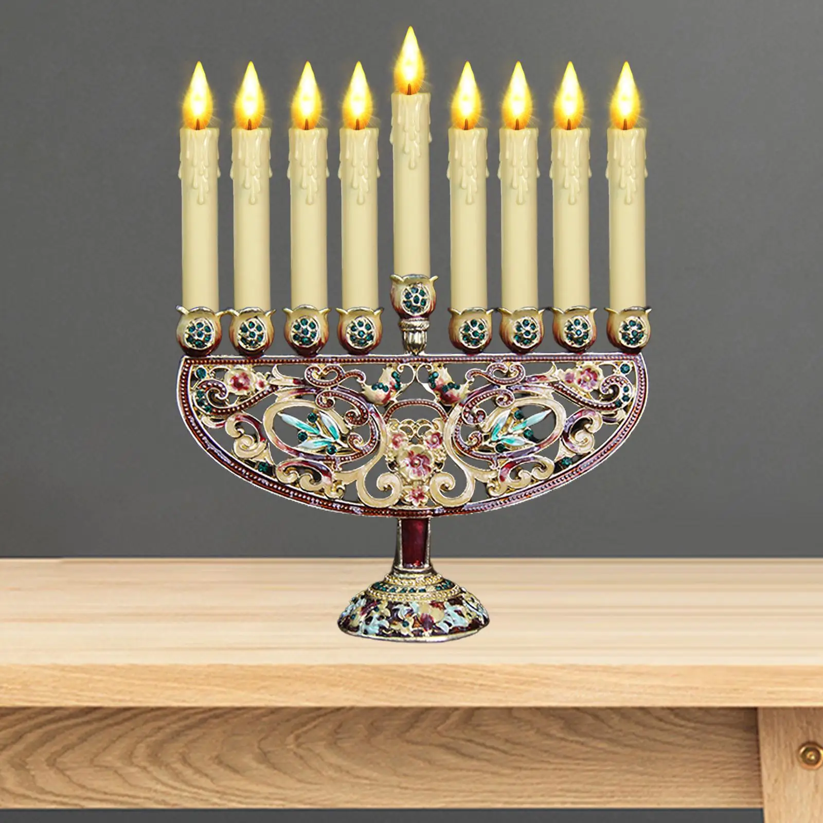 

Metal Candleholder Decorative Accents 9 Branch Enamel Menorah Candlestick for Prayer Votive Candles Fireplace Hotel Dining Room