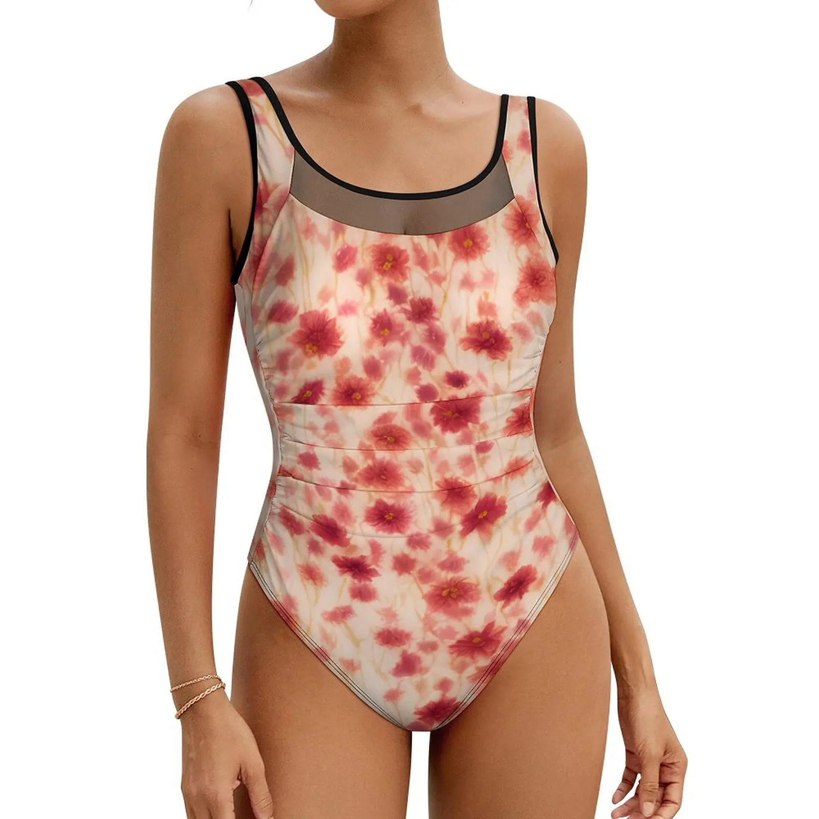 

Red Floral Print Swimsuit Sexy Abstract Flowers Ladies Swimwear One Piece Vintage Bodysuit Surfing Push Up Cut Out Beachwear
