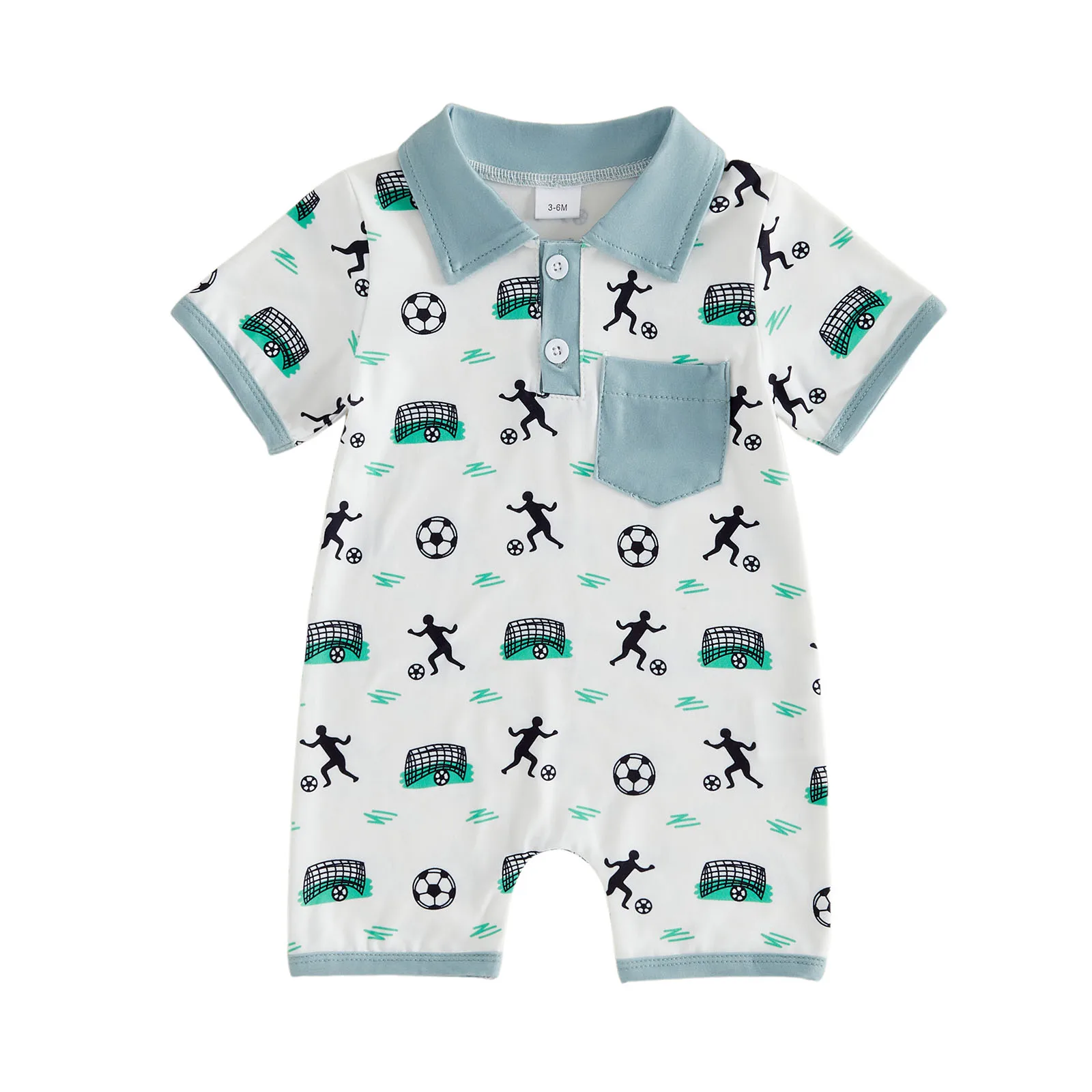 Baby Boy Summer Jumpsuit Infant Short Sleeve Lapel Button Up Man Playing Soccer Print Romper