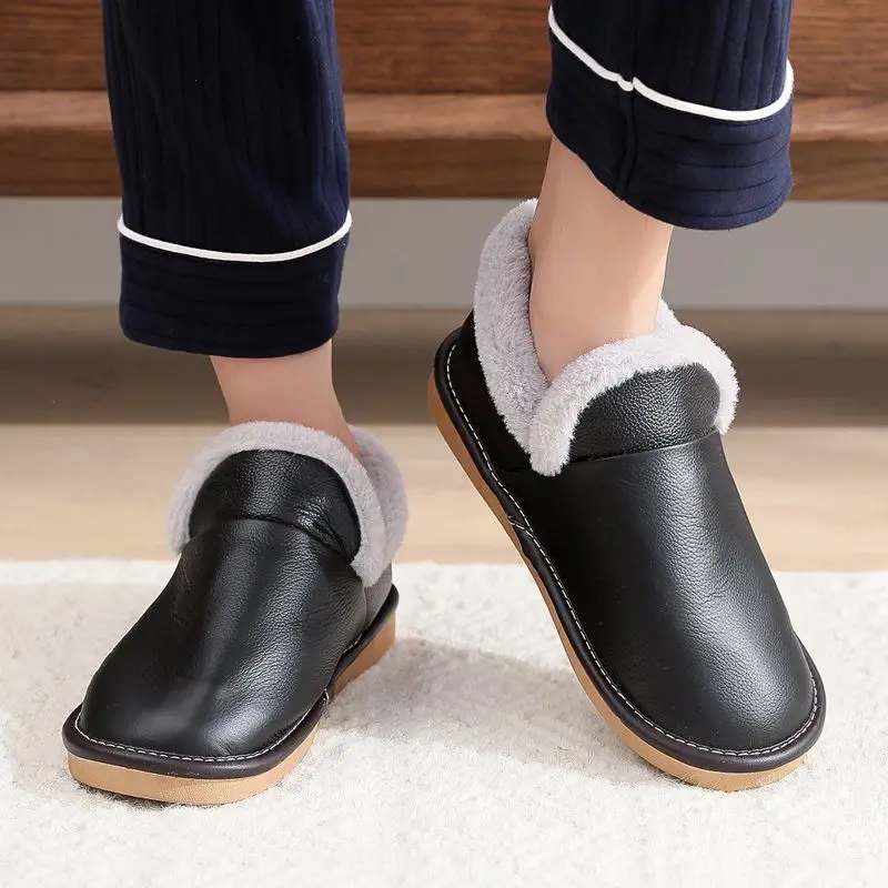 

Men's Winter Genuine Leather Slippers Waterproof Slip Resistant Indoor Home Comfortable Breathable Soft Sole Warmth Cotton Shoes