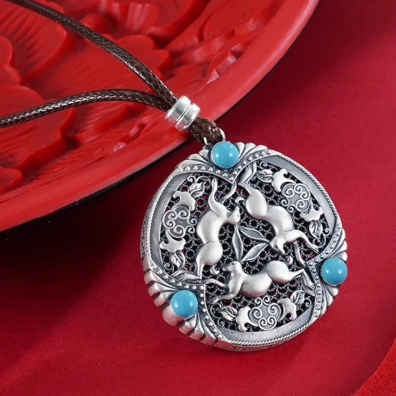 Ethnic Style Enamel Design Silver Necklace Men and Women Three Rabbits Sharing Ears Vintage Pendant