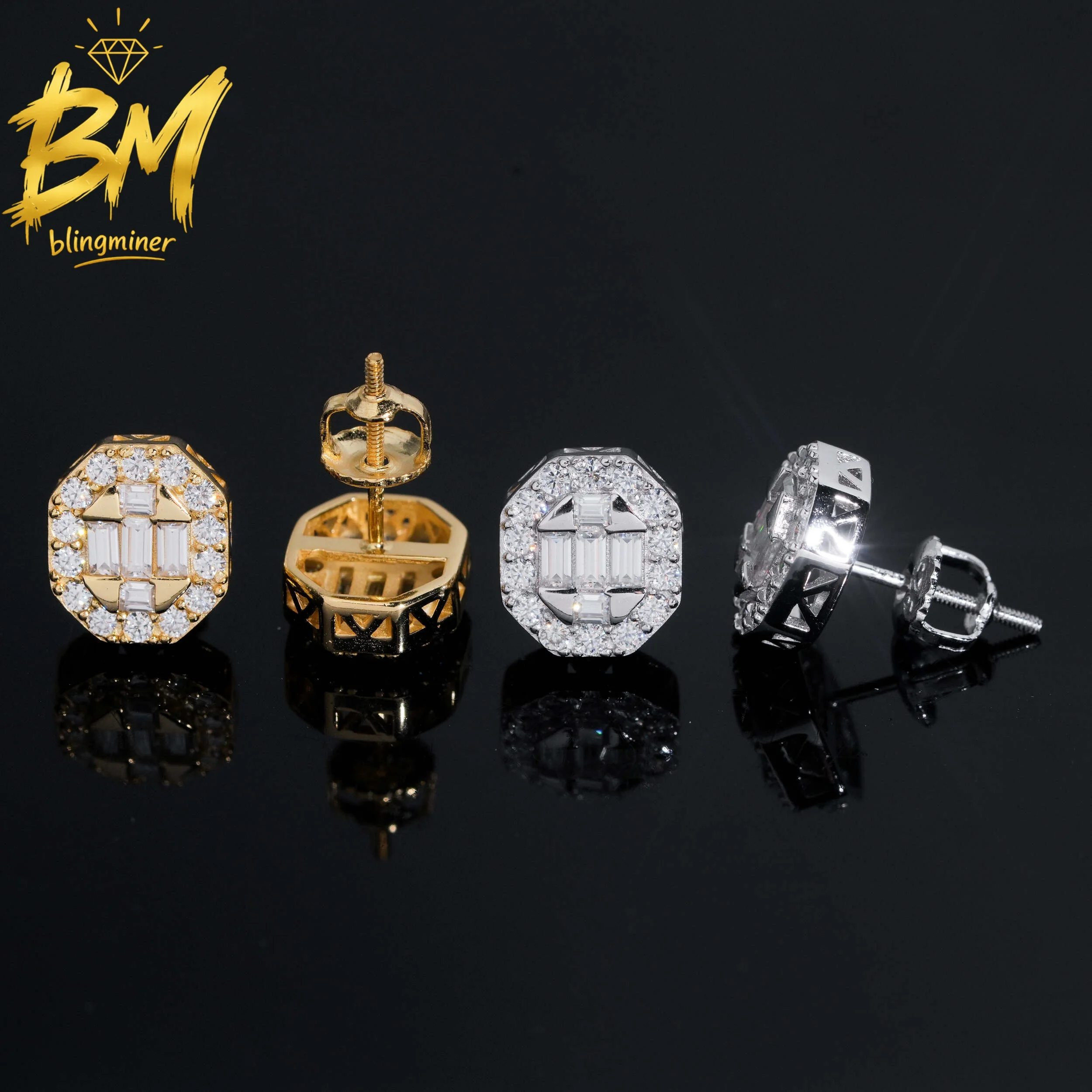 Blingminer Hip Hop 10mm S925 Silver VVS Moissanite Earrings For Men Women Ear Studs Jewelry Pass Diamonds Tester GRA Free Shippi