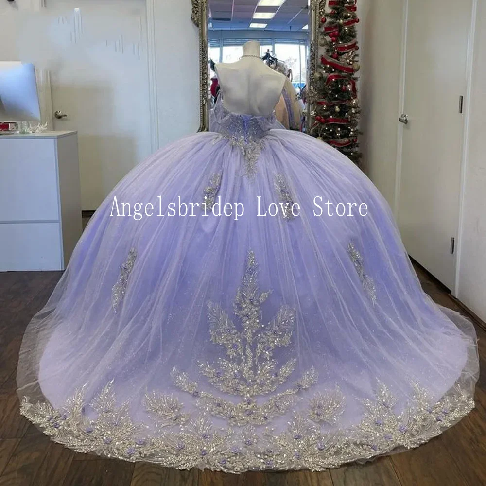 Angelsbride Shiny Lilac Beading Off Shoulder Appliques Ball Gown Quinceanera Dresses Vestidos De 15 Años Quinceañeras