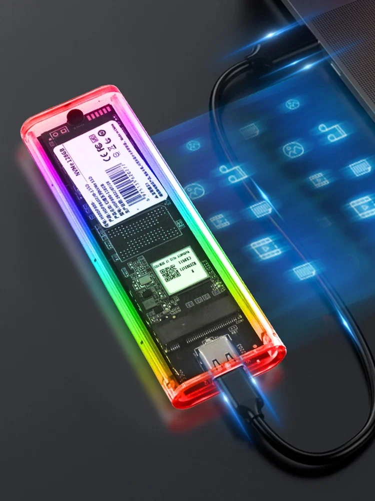 Boîtier SSD double protocole RGB M.2 NVME PCIe NGFF SATA, USB Type C transparent 10Gbps PCI-E M2 SSD, boîtier externe, boîte de disque clé M/B rigide