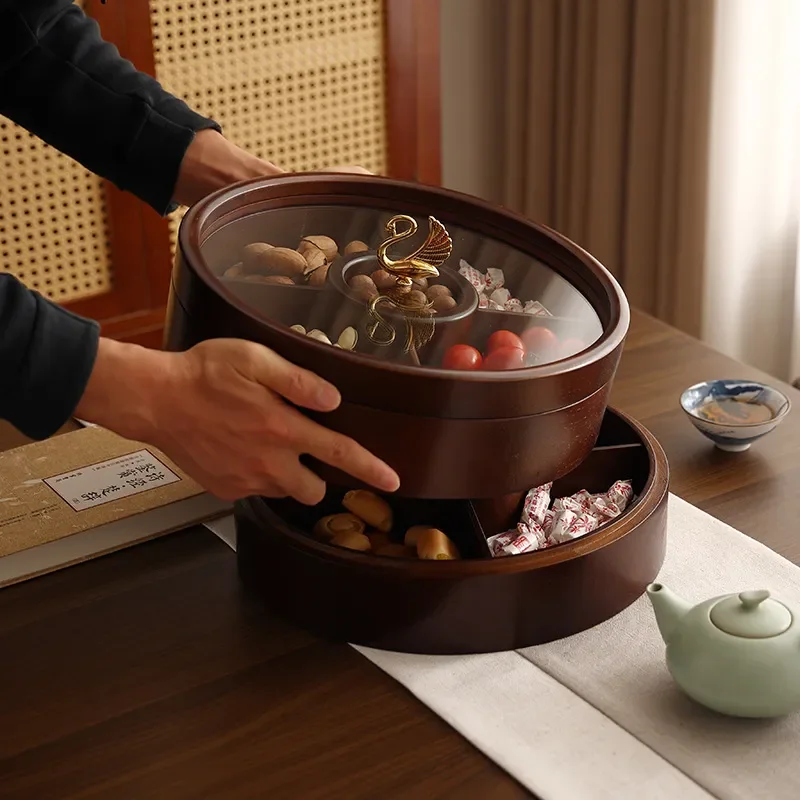 Wooden Double Layer Fruit Tray Nine Grid Snack Box Living Room Candy Dish Chinese New Year Dried Fruit Plate Household
