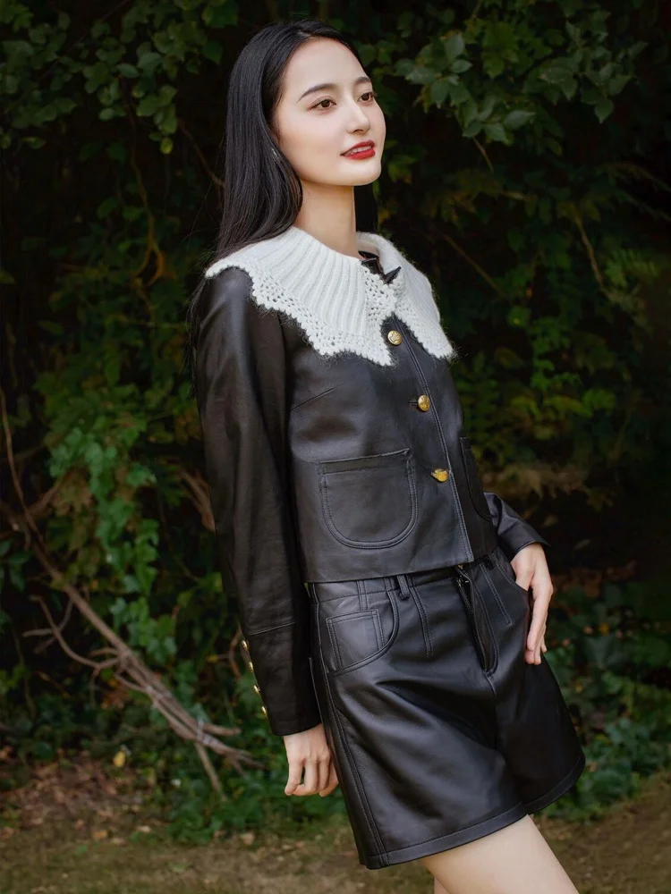 معطف Jaet للسيدات بتصميم ريترو من Faionable مع ياقة Lotus Le من الجلد الفاخر عالي الجودة وصل حديثًا للربيع