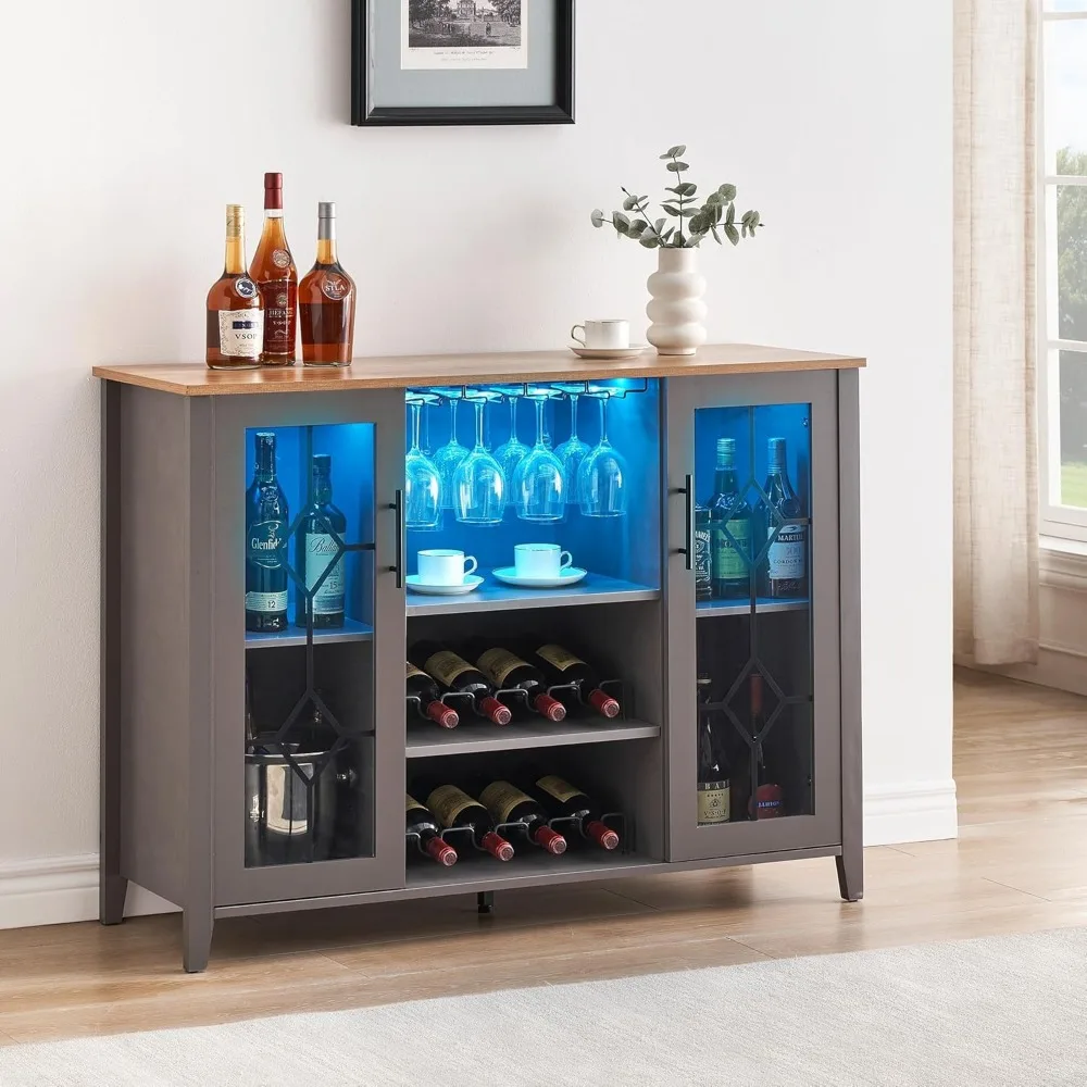 

Wine Bar Cabinet With LED Lights - Modern Liquor Storage Cabinet With Wine Rack, Glass Holder & Adjustable Shelves, Kitchen