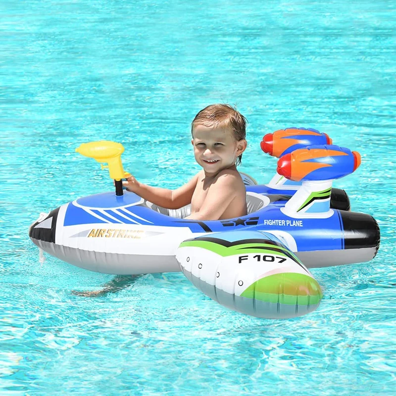 Baby Swimming Ring Inflatable Airplane Pool Float Boat with Handle Automatic Pumping Water Gun Fun Beach Pool Toy for Boys Girls