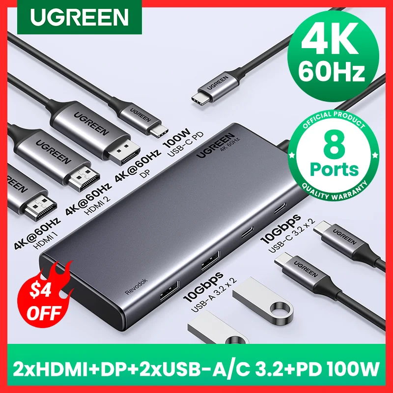 

UGREEN Triple Display USB C HUB 10Gbps 4K HDMI Adapter 8-in-1 Splitter with HDMI DP USB3.2 PD 100W Dock for MacBook Pro Air PC