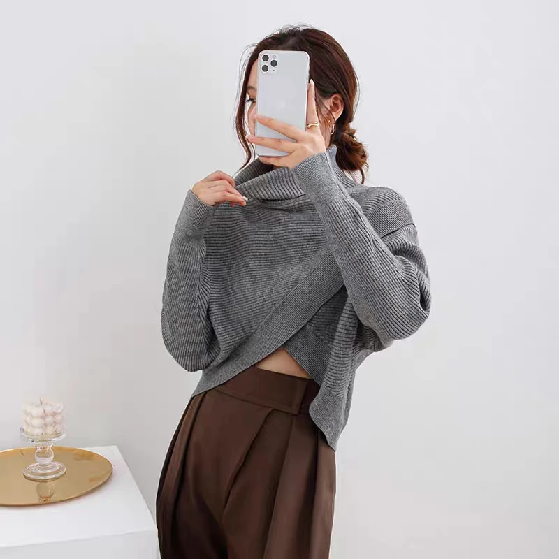 Autumn Winter Women Cross Gray Sweater Plaid Skirts 1 or Two Piece Set Lady Turtleneck Knit Pullover A-Line Skirt Outfits 2023