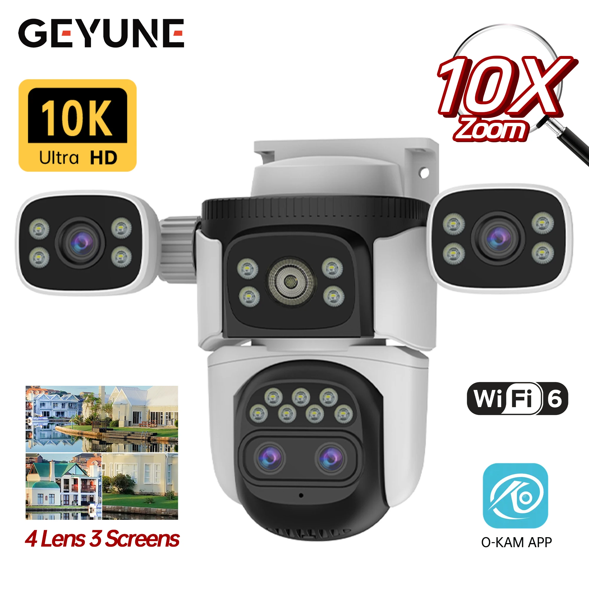 

10K WiFi Camera 20MP Wireless Outdoor 10X Zoom 3 Screens 4 Lens 360° PTZ Automatic Tracking Waterproof Security Cameras CCTV