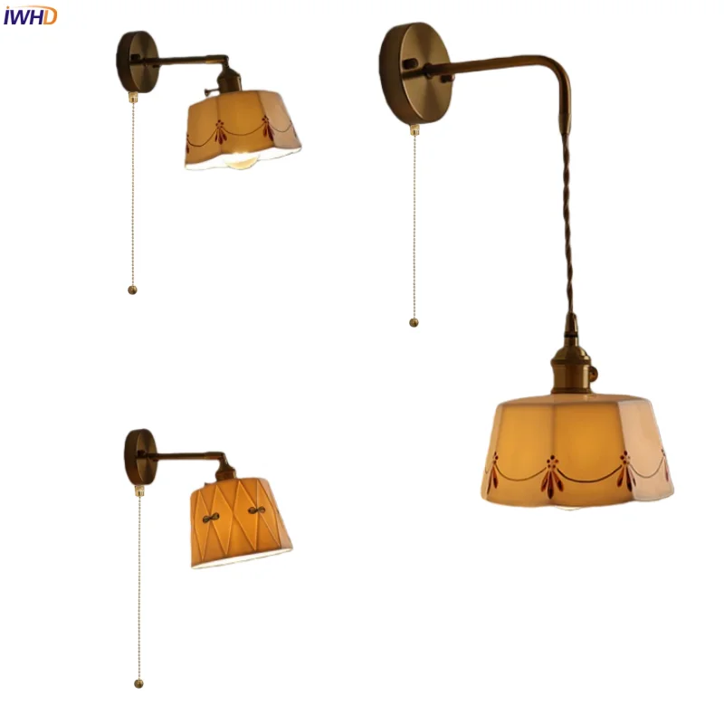 

IWHD Pull Chain LED Wall Lamp For Living Room Interior Lighting Japan Vintage White Ceramic Bathroom Mirror Lights Aplique Pared