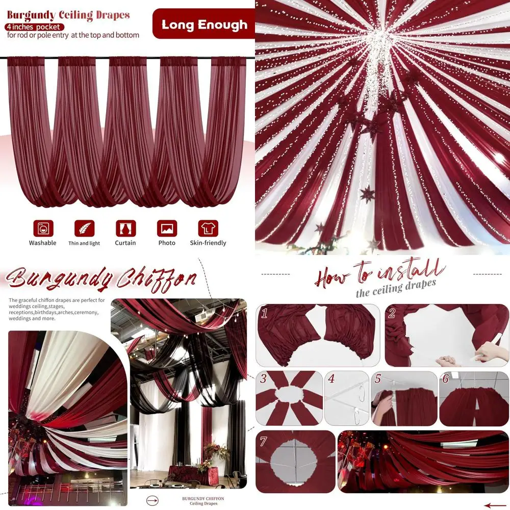 

Burgundy 8-Panel Ceiling Drapes, 5ft x 20ft, for Wedding Arch and Party Stage Decorations