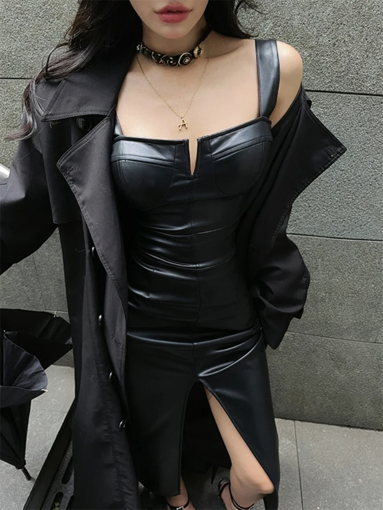 Novo gótico escuro sexy picante menina de couro 2 peça conjunto feminino casaco curto + alça vestido longo harajuku vintage moto biker punk outfits