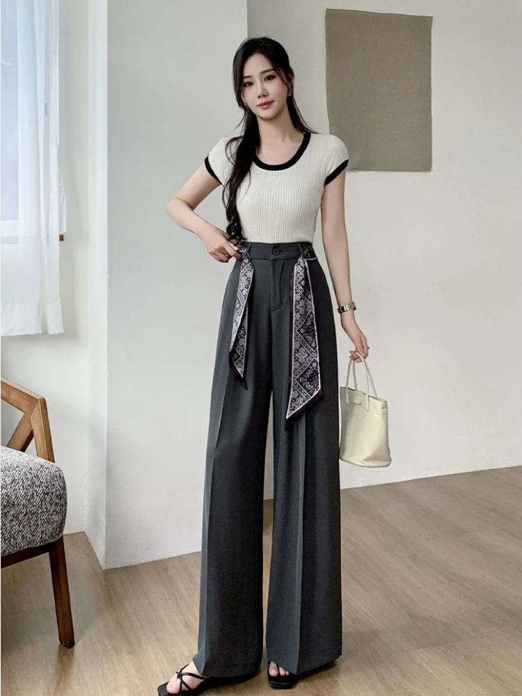 

Spring Summer 2026 Women's Scarf Patterned Trousers High Waist Comfortable Wide Leg Long Pants