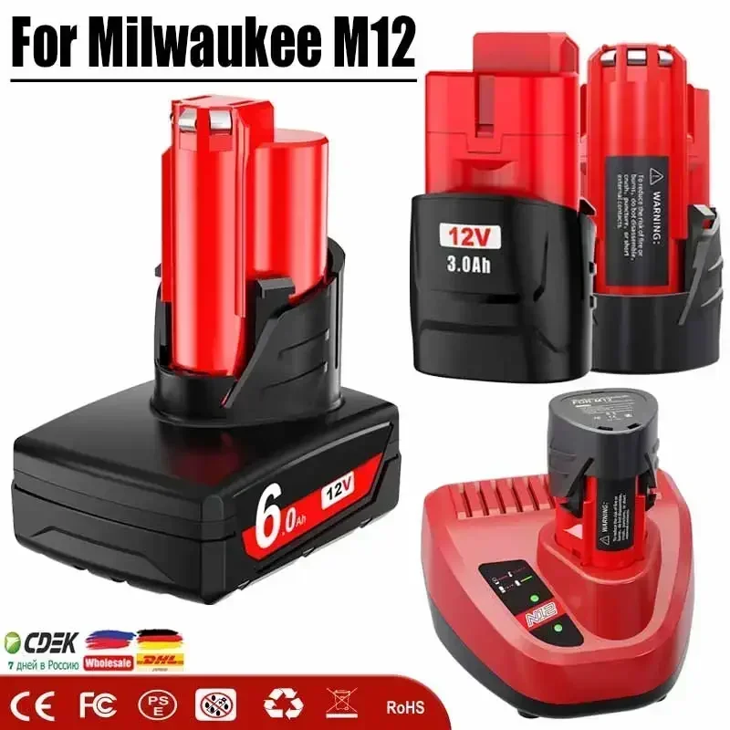 

NEW For Milwaukee M12 Rechargeable Battery 3.0Ah/6.0Ah For 12V Cordless Tools 48-11-2402 48-11-2411 48-11-2401 MIL-12A-LI+charg