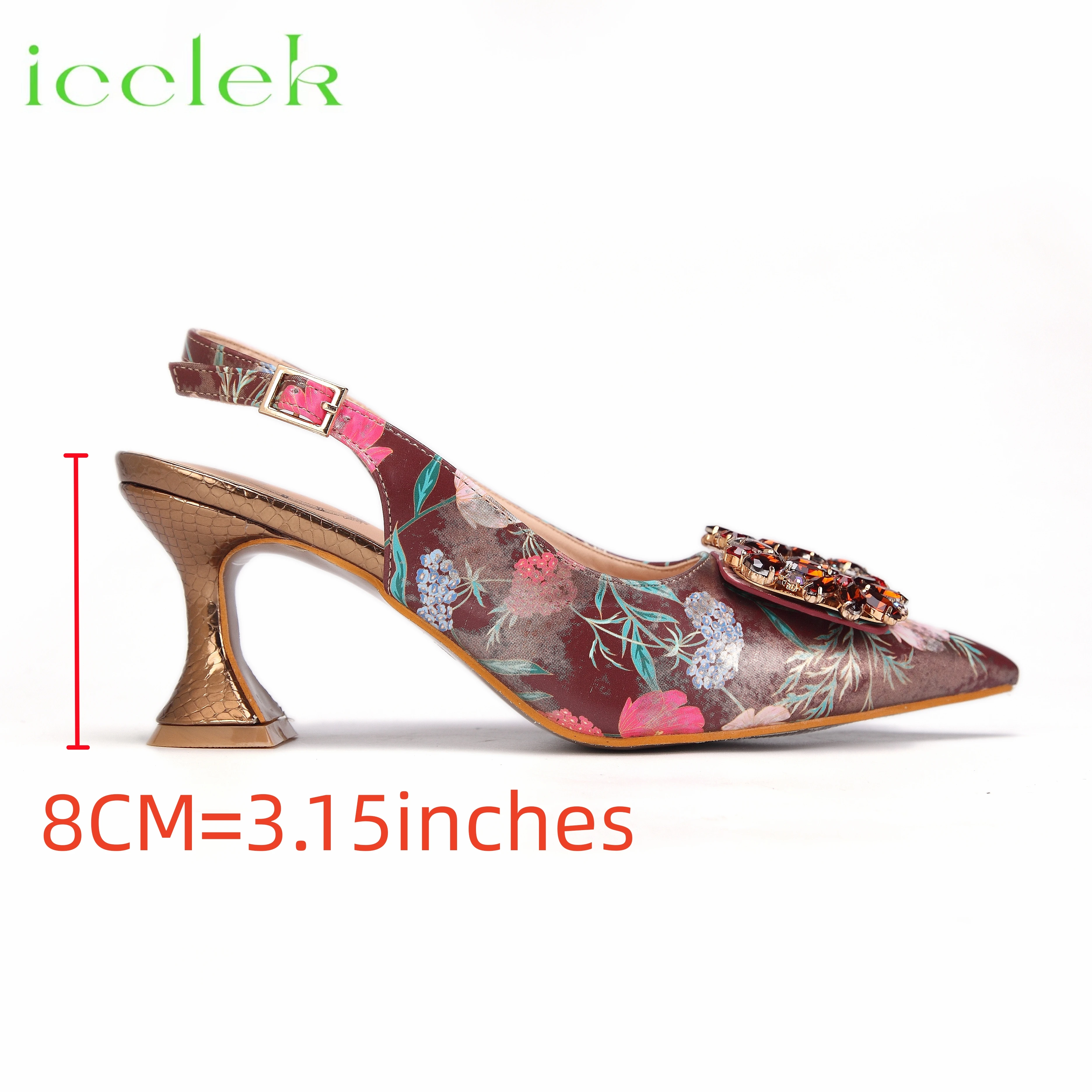 Women High Heels Sandals Printing Flower Material with Rhinestone Italian Design Coffee Color Pointed Toe Shoes and Bags Set