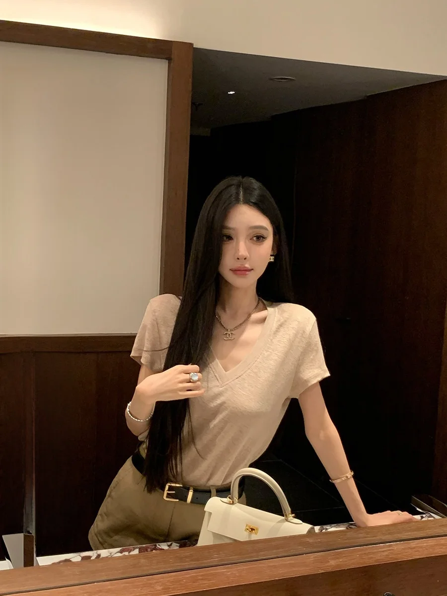 

FBB Limit Spring Summer New Simple High-End Feeling Linen ort Sve T-irt Women's round Ne V-Ne Loose Fit Comfortable