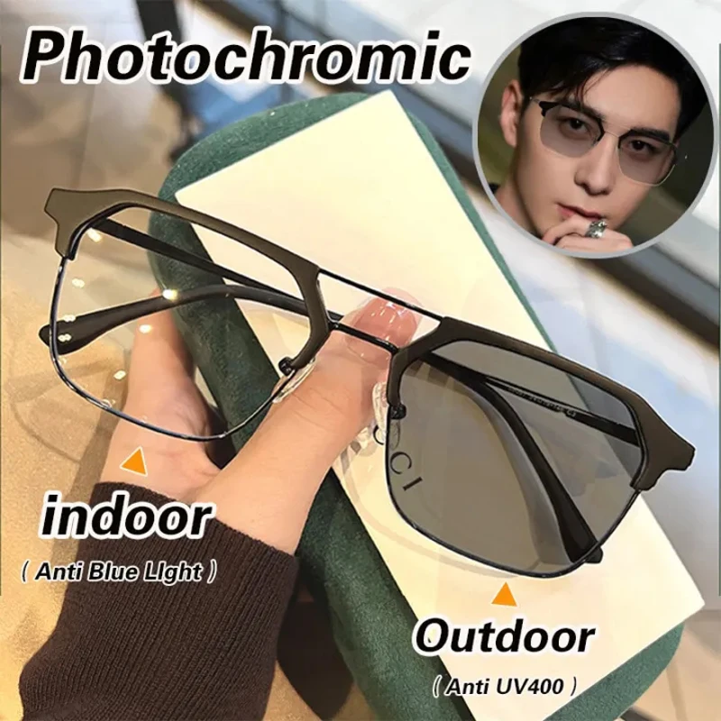 Fashion Square Photochromic Glasses Man Luxury Anti Blue Light Glasses Classic Color Changing Eyewear Men Metal Frame