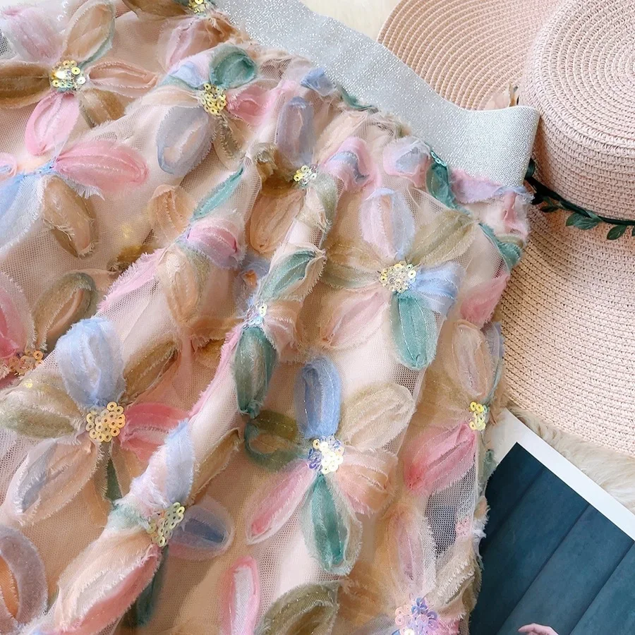 Vintage Beading 3D Floral Tulle Long Skirt Women Summer Elegant Elastic High Waist A Lien Pleated Skirts Female Faldas Aesthetic