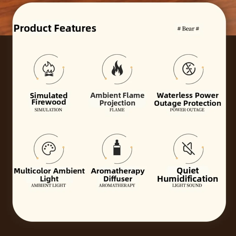 Simulated Fireplace Flame Aroma Diffuser with Humidifier 140ml Water Tank and Multi Color LED Light for Relaxation