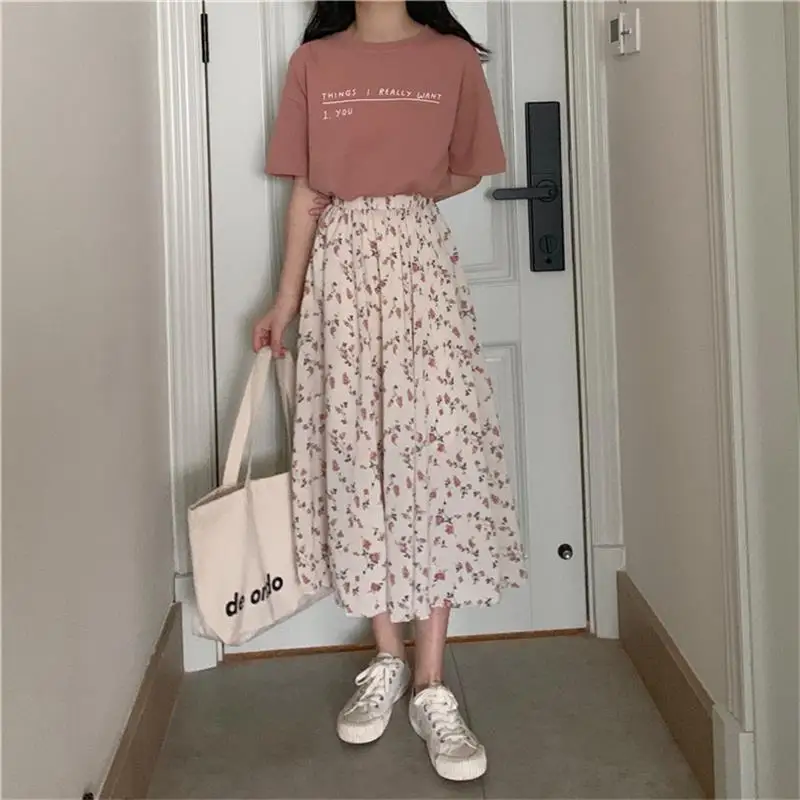 Jupe mi-longue à taille élastique pour femme, vêtement Vintage, motif Floral, élégant, Streetwear, Harajuku, printemps été