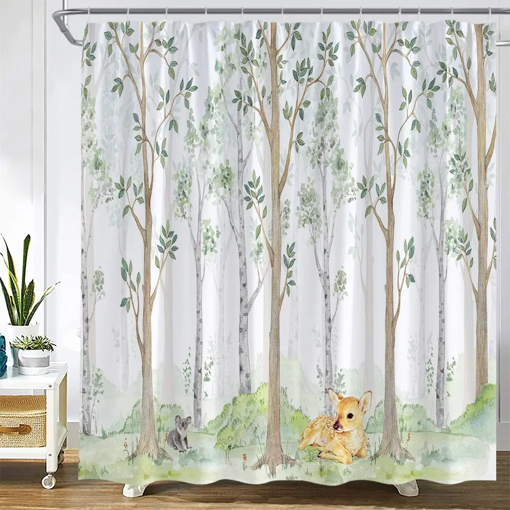 Spring Forest Shower Curtains Funny Animals Fox Bear Deer Squirrel Rabbit Green Leaves Plants Trees Modern Fabric Home Decor Set