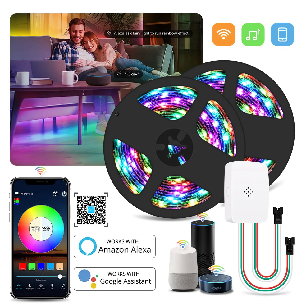 

DC 12V Wifi Addressable WS2811 Smart Pixel Led Strip Light Kit Magic Home Voice Control 5M 10M 15M 20M 5050 RGB IC Tape