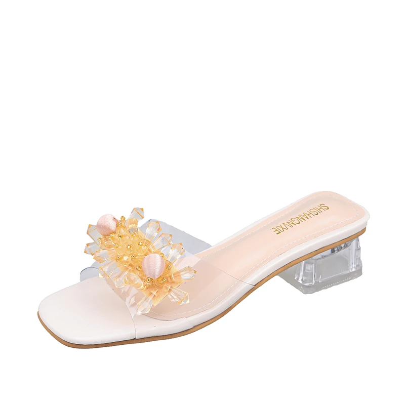 女性の PVC クリスタルハイヒールサンダル夏のファッションドレスシューズ女性オープントゥスリッパ女性透明スクエアヒールサンダル