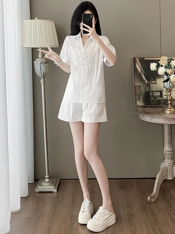 

Fashionable Casual Sportswear Set Women Summer 2026 New White Short Sleeve Top Small Size Short Length Two Piece Set