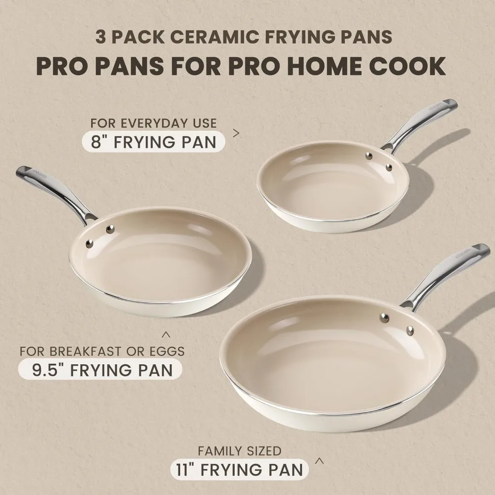 Non Stick Ceramic Frying Pans Skillet, 3 Pack Healthy Non Toxic Cookware Egg Cooking Pan