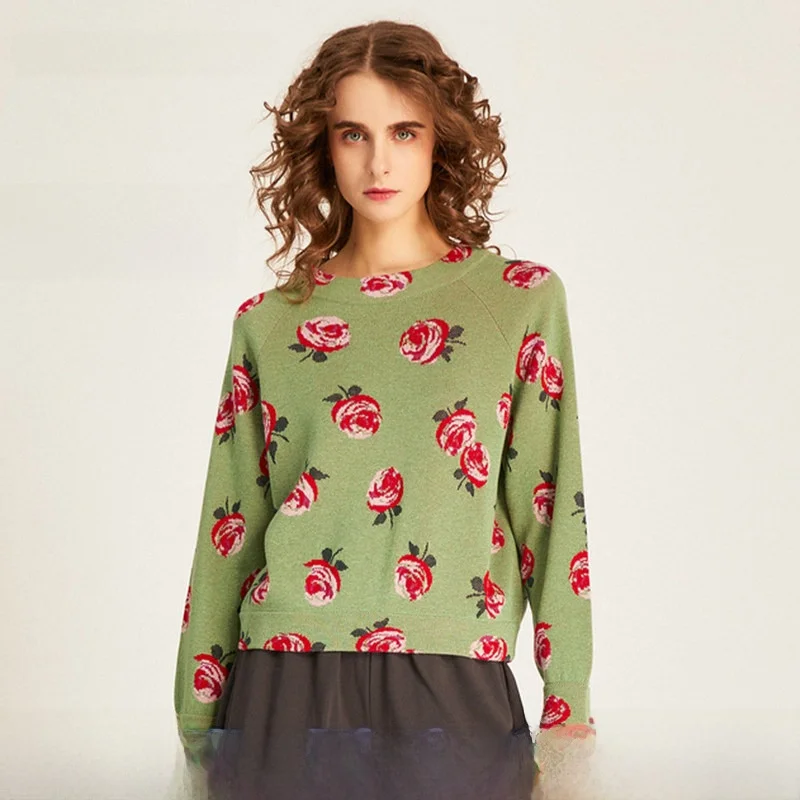 

aroon een Rose Pattern Knitted Sweater with Wool New Spring Women's Faionable Comfortable Straight Cut Long Sve Cre...
