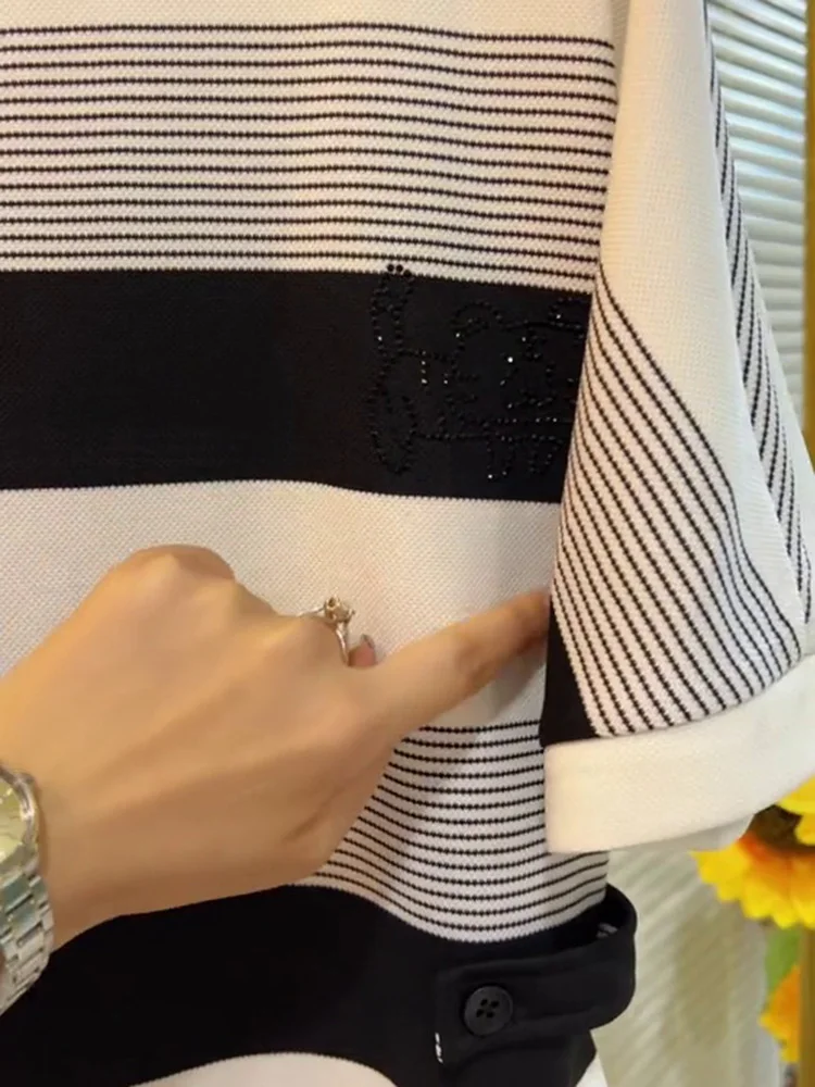 T-shirt ample ort Sve Dr Thin Age-Defng pour femmes, jupe mi-longue rayée ronde, taille haute, printemps été