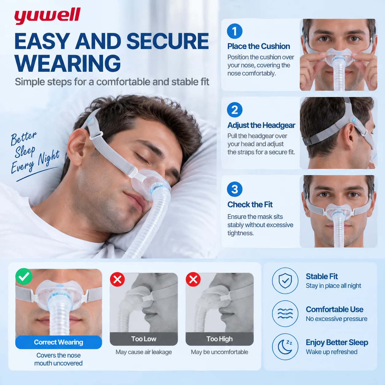 Yuwell YN-06 CPAP Nasal Mask Soft Silicone Cushion Sleep Apnea Mask Quiet Design 22mm Tube Comfortable Headgear Replacement
