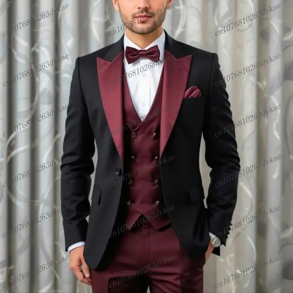 

New Black And Burgundy Formal Business Men Suit Groom Groomsman Wedding Party Prom Male Tuxedos 3 Piece Set Blazer Vest Pants