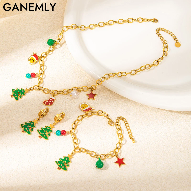 

GANEMLY 316L Stainless Steel Christmas Tree Necklace Bracelet Earrings Set For Women Trendy Jewelry 3-Set Holiday Christmas Gift