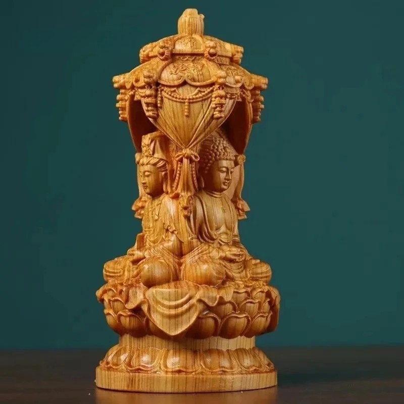 Wood Carving 3 Saints Statue Amitabha Guanyin Mahasthamaprapta Buddha Sculpture Solid Wood Buddhist Figurine Home Car Decor