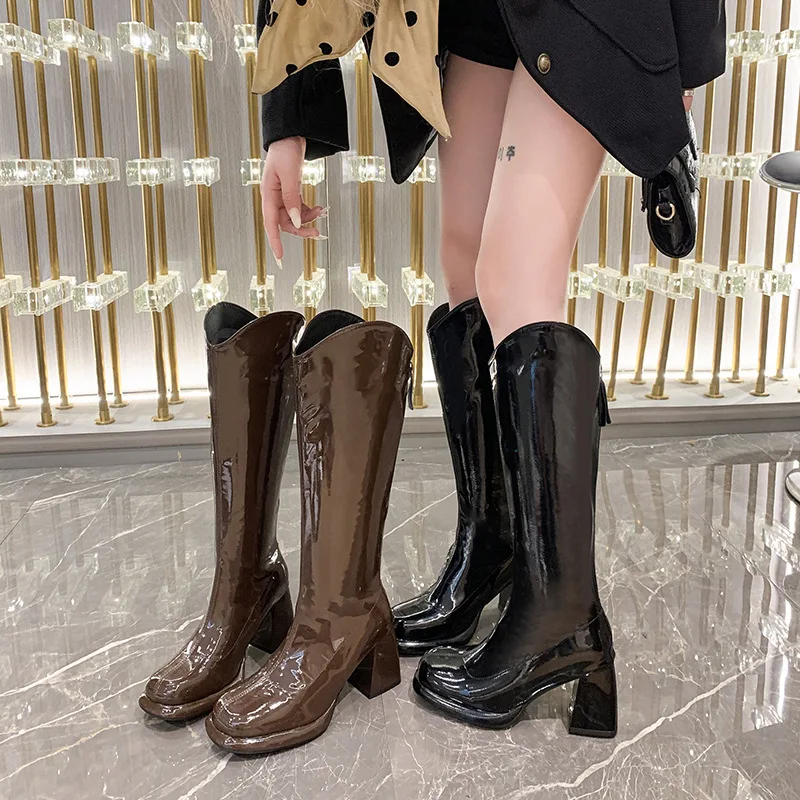 2024 Autumn-winter Patent Leather V-mouth Female Autumn-winter New High Heel and Large Tube Girt Knight Boots