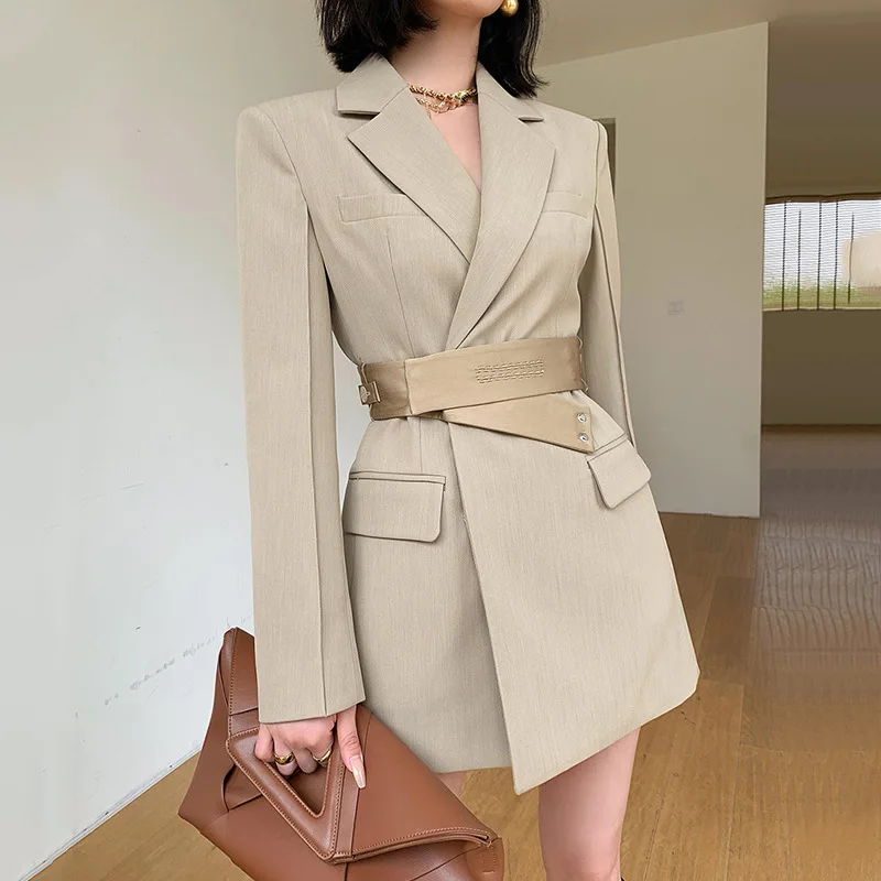 Großer Bund 1 Stück Frauen Anzug Kerbe Revers enge Taille Tops einzigartige lose Khaki schwarz Langarm Blazer neues Design auf Lager