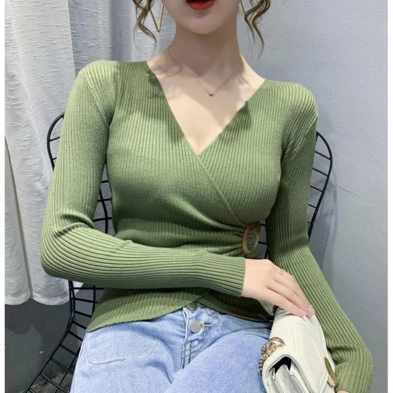 Primavera otoño nuevo cuello en V manga larga suéter de moda mujeres High Street Casual Slim jerseys estilo coreano elegante todo-fósforo Tops