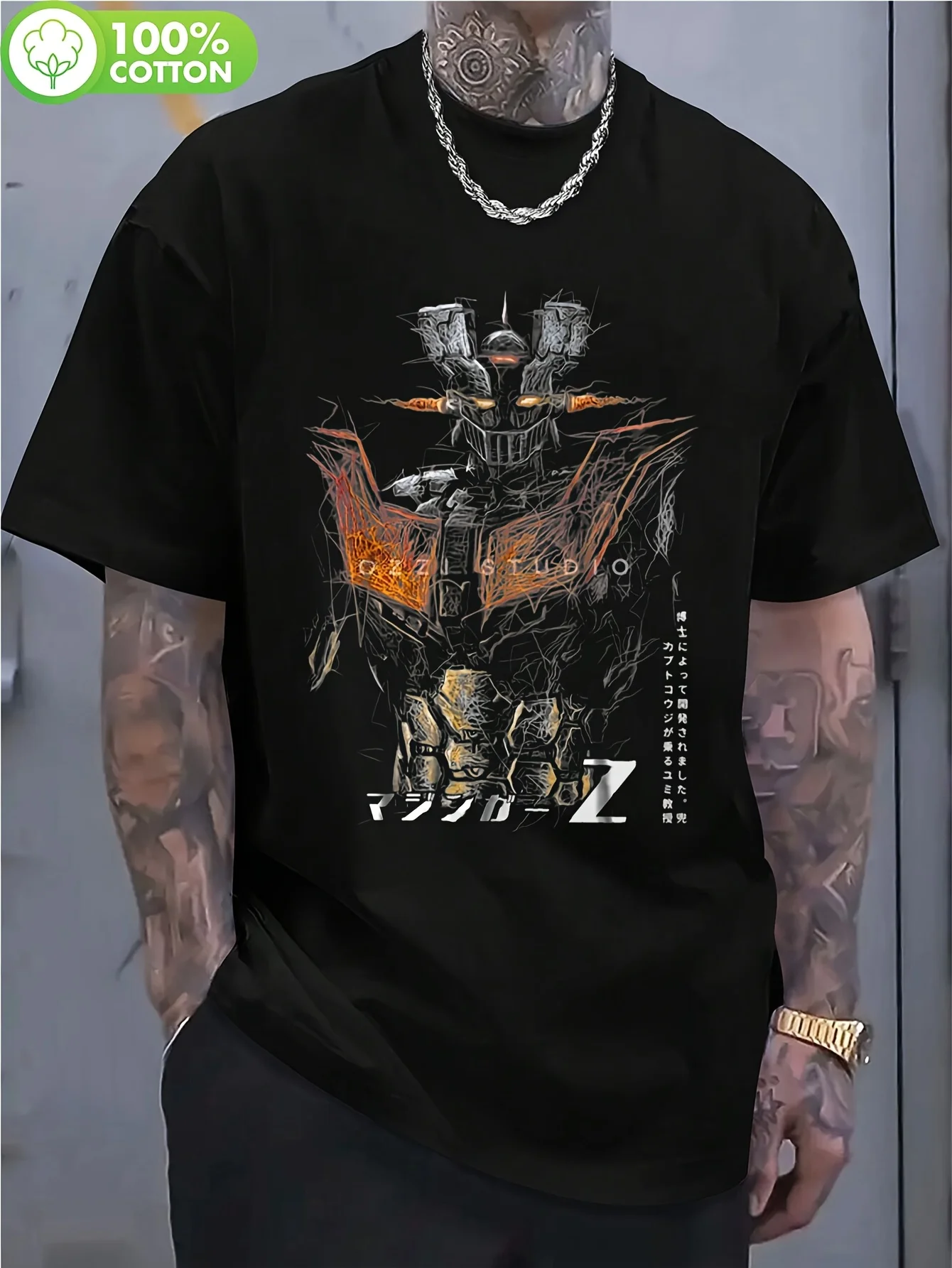 Camiseta Negra de Anime Mazinger Z para Hombre, Camiseta de Manga Corta con Estampado por Transferencia Térmica de Mazinger Z, Algodón, Corte Regular, Ropa Casual de Calle