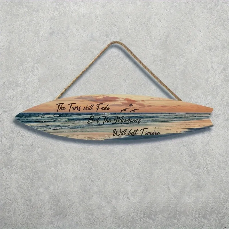 ديكور حائط على شكل لوح ركوب الأمواج على الشاطئ - فن المناظر البحرية الاستوائية على مادة تشبه الخشب - تصميم خفيف للاستخدام الداخلي/الخارجي